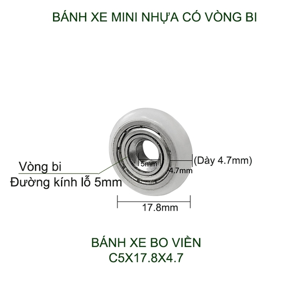Bộ 05 Bánh xe nhựa mini có vòng bi (bạc đạn), dùng cho cửa trượt-lùa đa năng, nhiều loại tùy chọn
