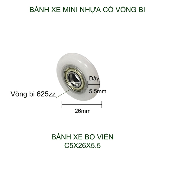 Bộ 05 Bánh xe nhựa mini có vòng bi (bạc đạn), dùng cho cửa trượt-lùa đa năng, nhiều loại tùy chọn