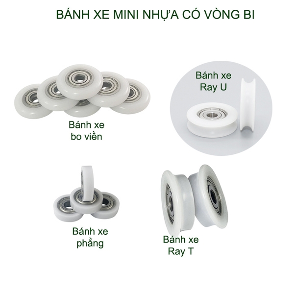 Bộ 05 Bánh xe nhựa mini có vòng bi (bạc đạn), dùng cho cửa trượt-lùa đa năng, nhiều loại tùy chọn