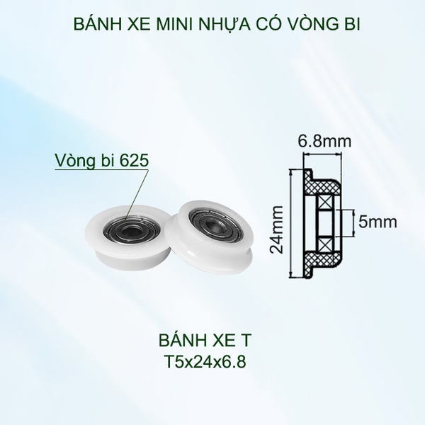 Bộ 05 Bánh xe nhựa mini có vòng bi (bạc đạn), dùng cho cửa trượt-lùa đa năng, nhiều loại tùy chọn
