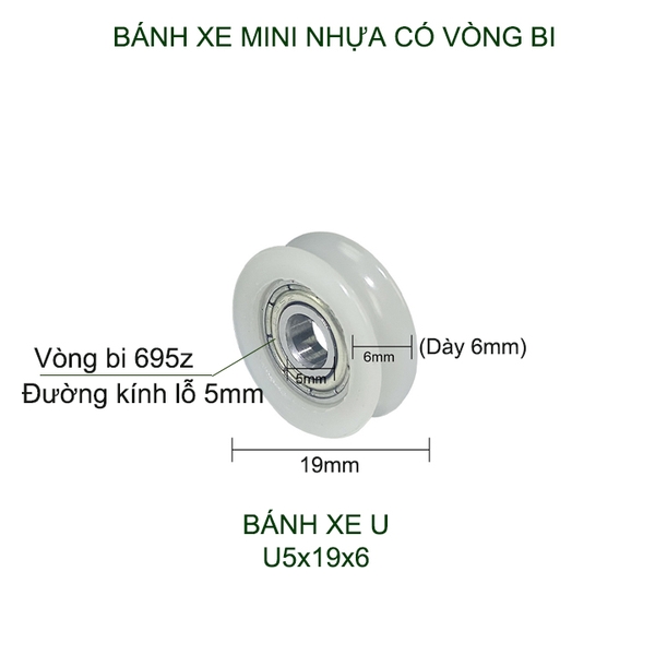 Bộ 05 Bánh xe nhựa mini có vòng bi (bạc đạn), dùng cho cửa trượt-lùa đa năng, nhiều loại tùy chọn
