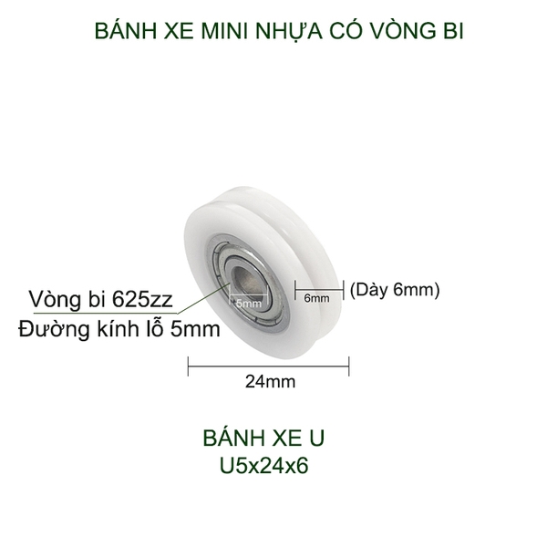 Bộ 05 Bánh xe nhựa mini có vòng bi (bạc đạn), dùng cho cửa trượt-lùa đa năng, nhiều loại tùy chọn
