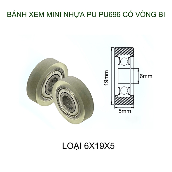 Bộ 05 Bánh xe nhựa PU mềm dẻo mini có vòng bi (bạc đạn), dùng cho cửa trượt-lùa đa năng, nhiều cỡ