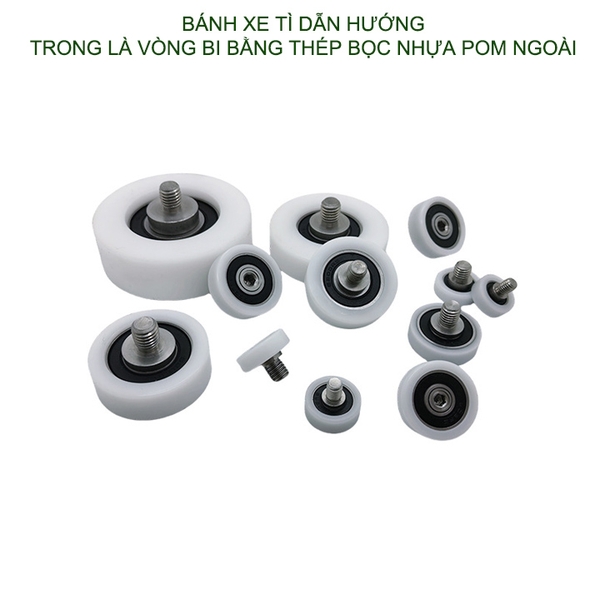 Bộ 2 bánh xe tì dẫn hướng cho cửa trượt nhựa POM, trong có vòng bi và trục ren inox 304 (Nhiều cỡ tùy chọn)