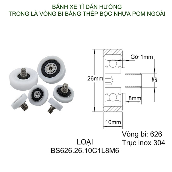 Bộ 2 bánh xe tì dẫn hướng cho cửa trượt nhựa POM, trong có vòng bi và trục ren inox 304 (Nhiều cỡ tùy chọn)