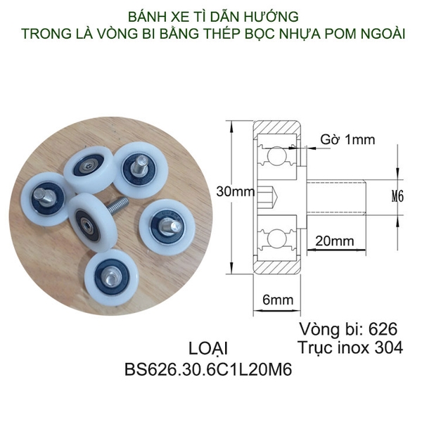 Bộ 2 bánh xe tì dẫn hướng cho cửa trượt nhựa POM, trong có vòng bi và trục ren inox 304 (Nhiều cỡ tùy chọn)