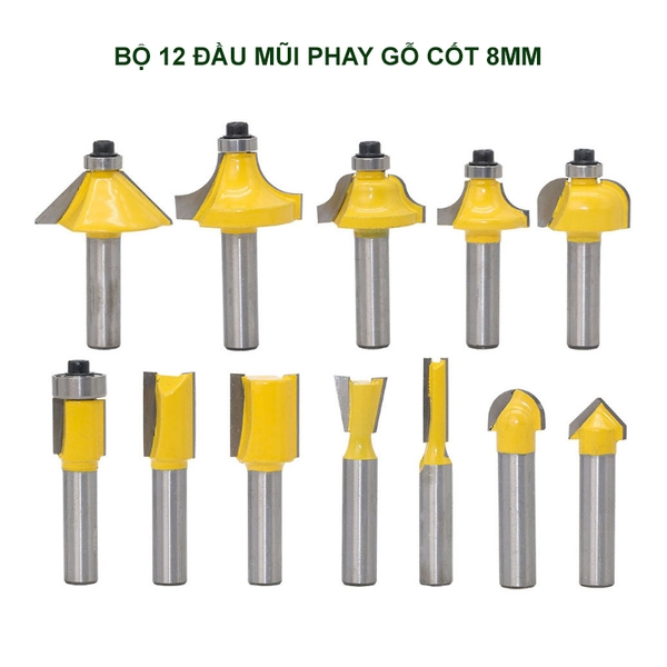 Bộ 12 mũi phay soi gỗ các loại cốt 8mm