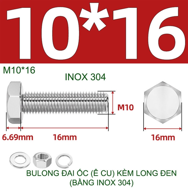 Combo 3-10 bulong đai ốc (Ê cu) bằng inox 304, có kèm long đen phẳng và kênh M6-M8-M10-M12 tùy chọn