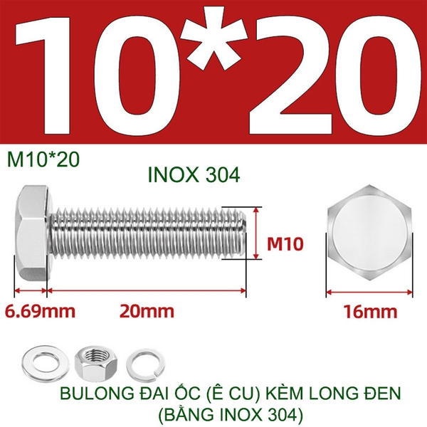 Combo 3-10 bulong đai ốc (Ê cu) bằng inox 304, có kèm long đen phẳng và kênh M6-M8-M10-M12 tùy chọn