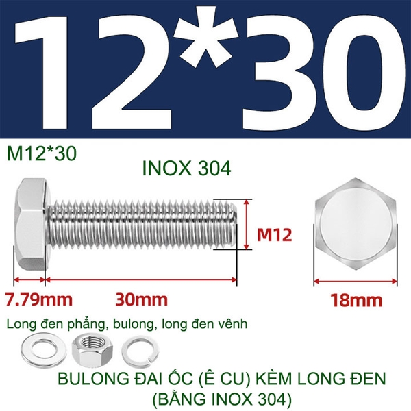Combo 3-10 bulong đai ốc (Ê cu) bằng inox 304, có kèm long đen phẳng và kênh M6-M8-M10-M12 tùy chọn
