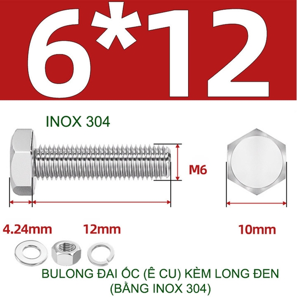 Combo 3-10 bulong đai ốc (Ê cu) bằng inox 304, có kèm long đen phẳng và kênh M6-M8-M10-M12 tùy chọn