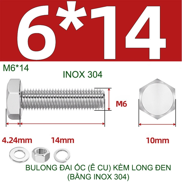 Combo 3-10 bulong đai ốc (Ê cu) bằng inox 304, có kèm long đen phẳng và kênh M6-M8-M10-M12 tùy chọn
