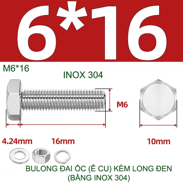 Combo 3-10 bulong đai ốc (Ê cu) bằng inox 304, có kèm long đen phẳng và kênh M6-M8-M10-M12 tùy chọn