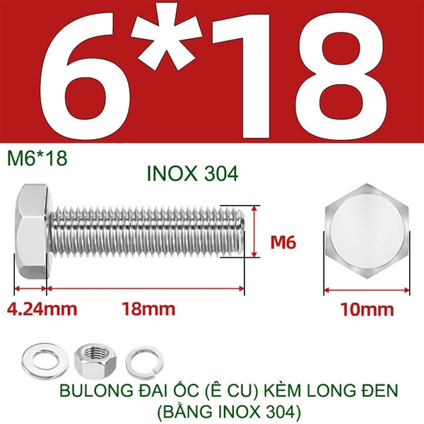 Combo 3-10 bulong đai ốc (Ê cu) bằng inox 304, có kèm long đen phẳng và kênh M6-M8-M10-M12 tùy chọn