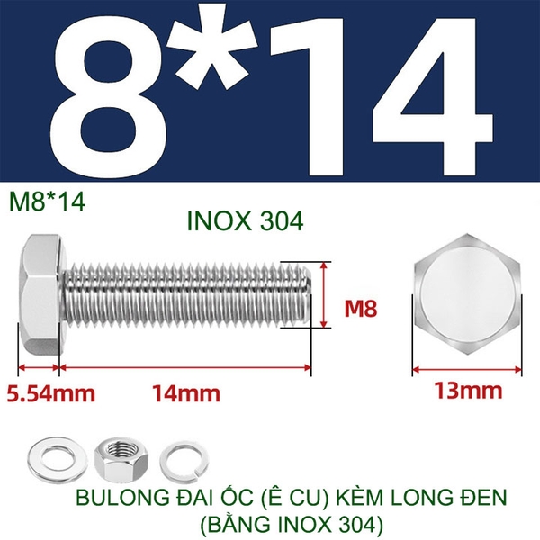 Combo 3-10 bulong đai ốc (Ê cu) bằng inox 304, có kèm long đen phẳng và kênh M6-M8-M10-M12 tùy chọn