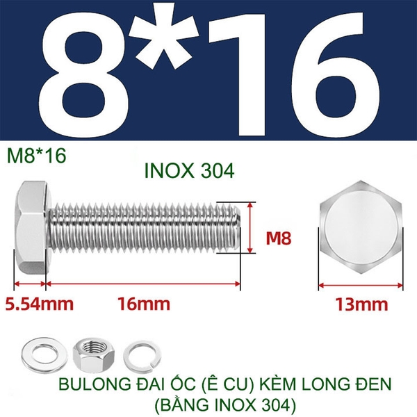 Combo 3-10 bulong đai ốc (Ê cu) bằng inox 304, có kèm long đen phẳng và kênh M6-M8-M10-M12 tùy chọn