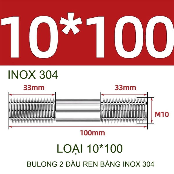 Combo 2-5 bulong ren 2 đầu bằng inox 304, M6-M8-M10-M12 tùy chọn (Không có ê cu)