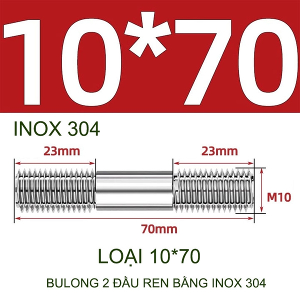 Combo 2-5 bulong ren 2 đầu bằng inox 304, M6-M8-M10-M12 tùy chọn (Không có ê cu)
