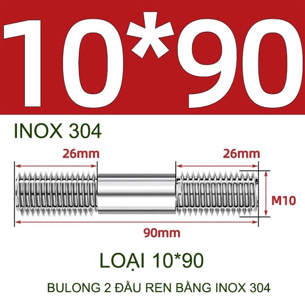 Combo 2-5 bulong ren 2 đầu bằng inox 304, M6-M8-M10-M12 tùy chọn (Không có ê cu)