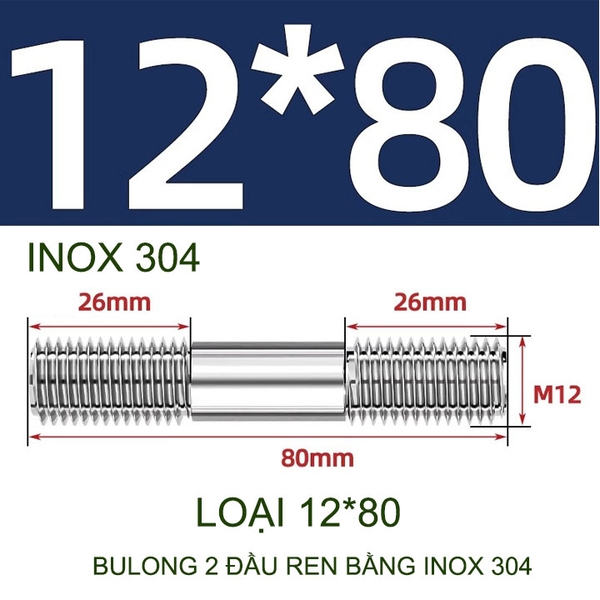 Combo 2-5 bulong ren 2 đầu bằng inox 304, M6-M8-M10-M12 tùy chọn (Không có ê cu)