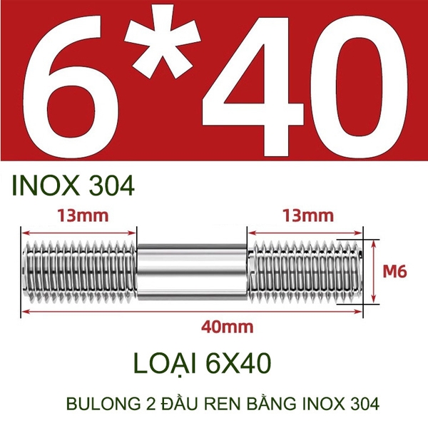 Combo 2-5 bulong ren 2 đầu bằng inox 304, M6-M8-M10-M12 tùy chọn (Không có ê cu)