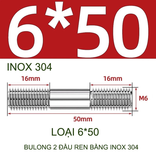Combo 2-5 bulong ren 2 đầu bằng inox 304, M6-M8-M10-M12 tùy chọn (Không có ê cu)