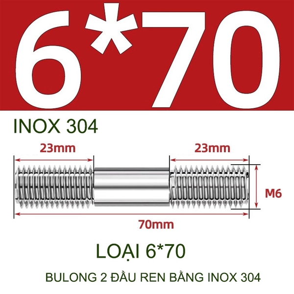 Combo 2-5 bulong ren 2 đầu bằng inox 304, M6-M8-M10-M12 tùy chọn (Không có ê cu)