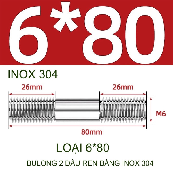 Combo 2-5 bulong ren 2 đầu bằng inox 304, M6-M8-M10-M12 tùy chọn (Không có ê cu)