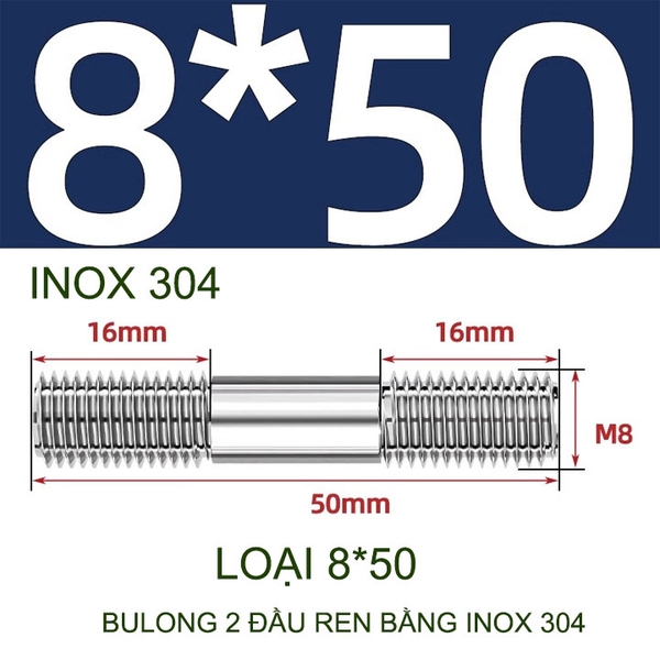 Combo 2-5 bulong ren 2 đầu bằng inox 304, M6-M8-M10-M12 tùy chọn (Không có ê cu)