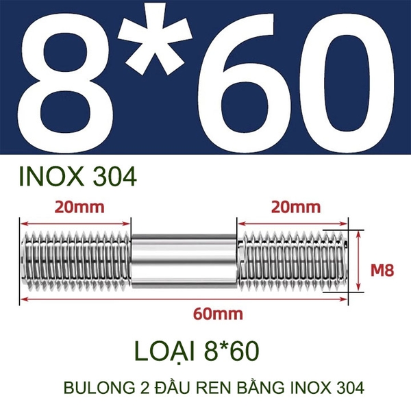 Combo 2-5 bulong ren 2 đầu bằng inox 304, M6-M8-M10-M12 tùy chọn (Không có ê cu)