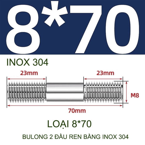 Combo 2-5 bulong ren 2 đầu bằng inox 304, M6-M8-M10-M12 tùy chọn (Không có ê cu)