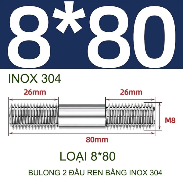 Combo 2-5 bulong ren 2 đầu bằng inox 304, M6-M8-M10-M12 tùy chọn (Không có ê cu)