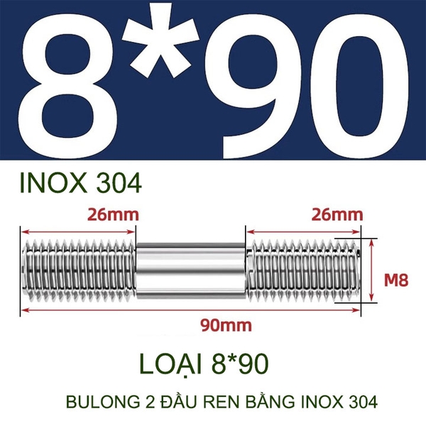 Combo 2-5 bulong ren 2 đầu bằng inox 304, M6-M8-M10-M12 tùy chọn (Không có ê cu)