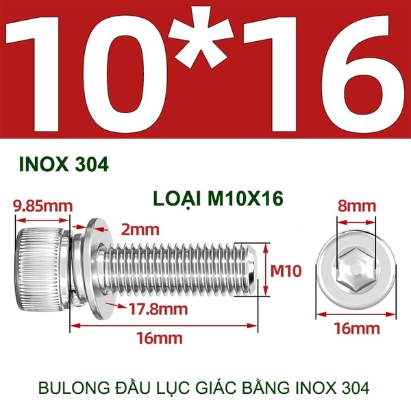 Combo 2-10 bulong đầu lục giác bằng inox 304, có kèm long đen phẳng và kênh M4-M6-M8-M10 tùy chọn