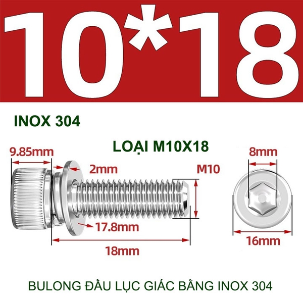 Combo 2-10 bulong đầu lục giác bằng inox 304, có kèm long đen phẳng và kênh M4-M6-M8-M10 tùy chọn