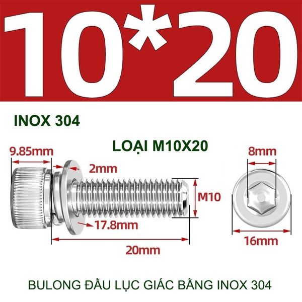Combo 2-10 bulong đầu lục giác bằng inox 304, có kèm long đen phẳng và kênh M4-M6-M8-M10 tùy chọn