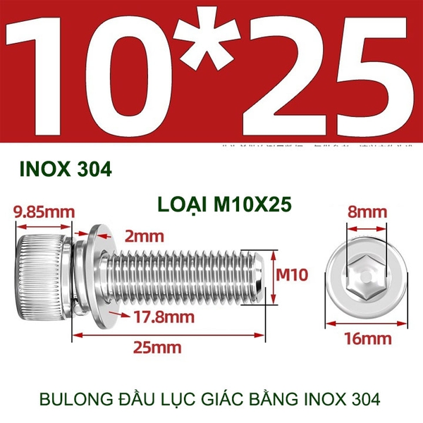 Combo 2-10 bulong đầu lục giác bằng inox 304, có kèm long đen phẳng và kênh M4-M6-M8-M10 tùy chọn