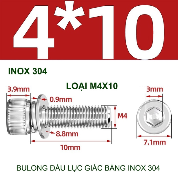 Combo 2-10 bulong đầu lục giác bằng inox 304, có kèm long đen phẳng và kênh M4-M6-M8-M10 tùy chọn
