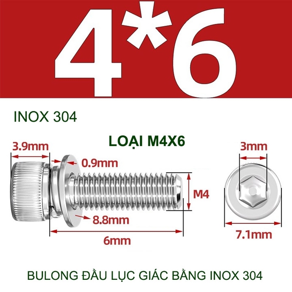 Combo 2-10 bulong đầu lục giác bằng inox 304, có kèm long đen phẳng và kênh M4-M6-M8-M10 tùy chọn