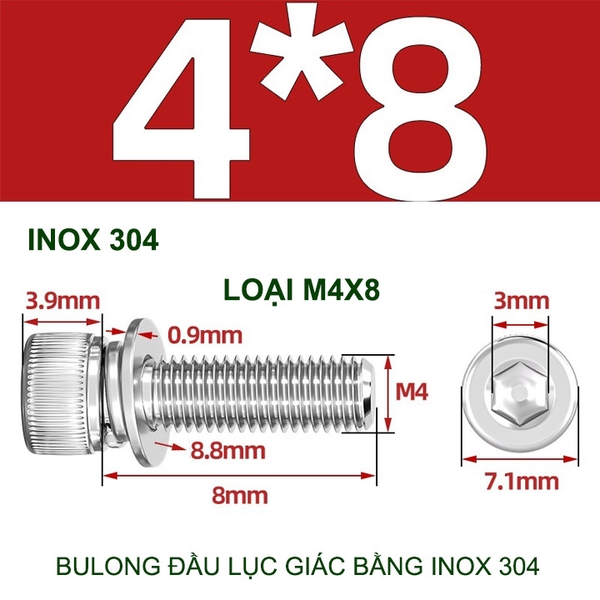 Combo 2-10 bulong đầu lục giác bằng inox 304, có kèm long đen phẳng và kênh M4-M6-M8-M10 tùy chọn