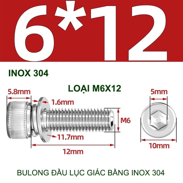Combo 2-10 bulong đầu lục giác bằng inox 304, có kèm long đen phẳng và kênh M4-M6-M8-M10 tùy chọn