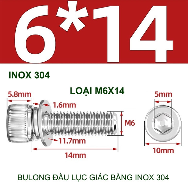 Combo 2-10 bulong đầu lục giác bằng inox 304, có kèm long đen phẳng và kênh M4-M6-M8-M10 tùy chọn