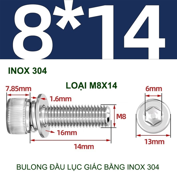 Combo 2-10 bulong đầu lục giác bằng inox 304, có kèm long đen phẳng và kênh M4-M6-M8-M10 tùy chọn