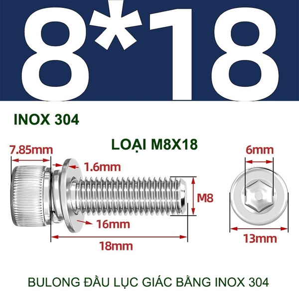 Combo 2-10 bulong đầu lục giác bằng inox 304, có kèm long đen phẳng và kênh M4-M6-M8-M10 tùy chọn