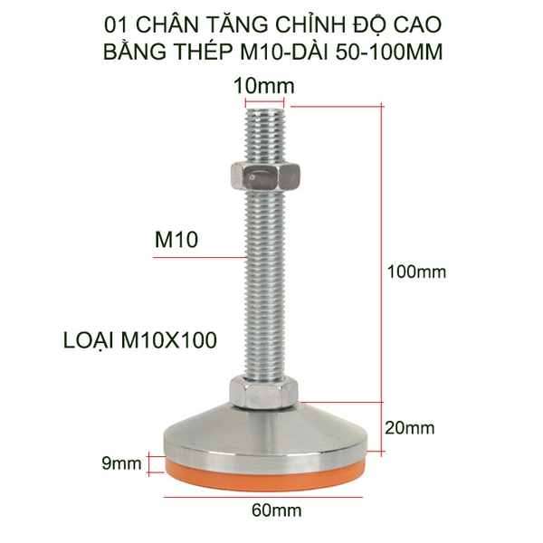 01 Chân tăng chỉnh độ cao bằng sắt có đế cao su, trục M10, dài 50-100mm tùy chọn