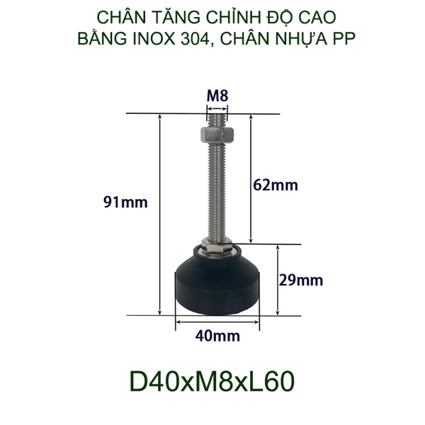 01 Chân tăng chỉnh độ cao bằng inox 304 đế nhựa PP, trục M8-10-12, dài 60-100mm tùy chọn