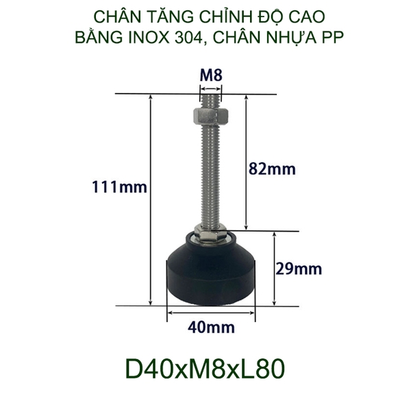 01 Chân tăng chỉnh độ cao bằng inox 304 đế nhựa PP, trục M8-10-12, dài 60-100mm tùy chọn