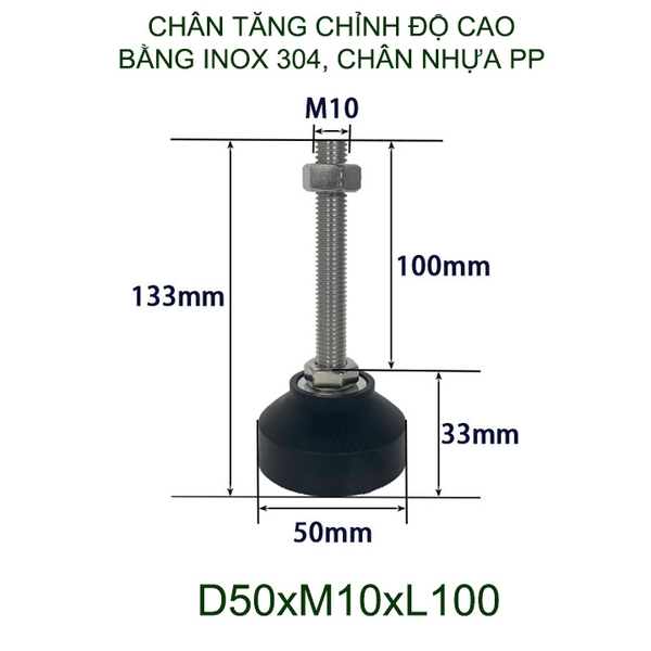 01 Chân tăng chỉnh độ cao bằng inox 304 đế nhựa PP, trục M8-10-12, dài 60-100mm tùy chọn
