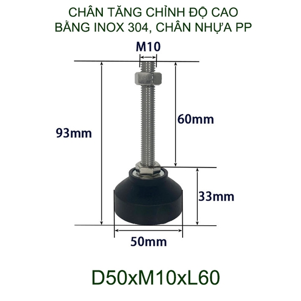 01 Chân tăng chỉnh độ cao bằng inox 304 đế nhựa PP, trục M8-10-12, dài 60-100mm tùy chọn