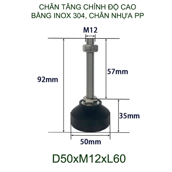 01 Chân tăng chỉnh độ cao bằng inox 304 đế nhựa PP, trục M8-10-12, dài 60-100mm tùy chọn